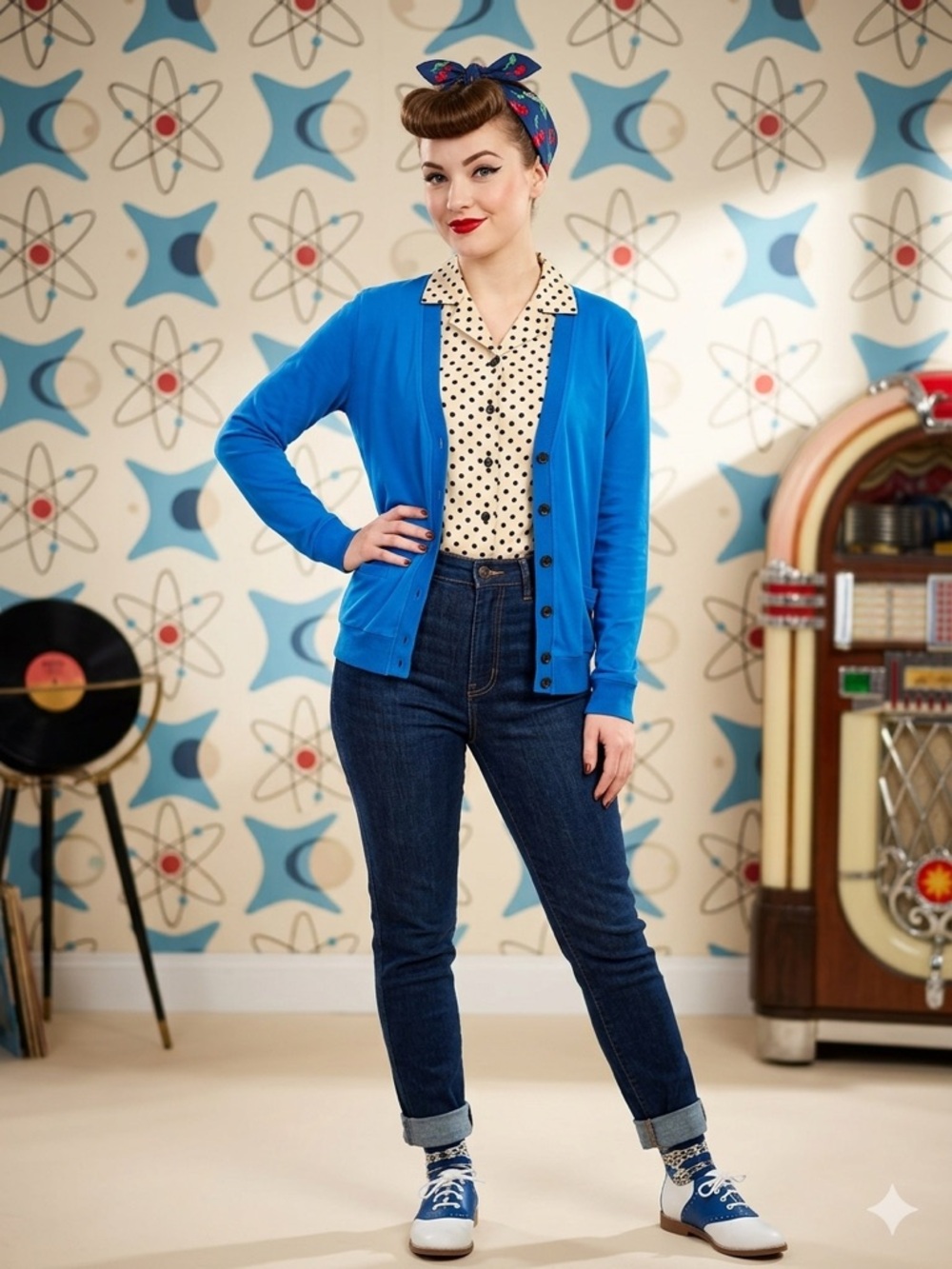 Vintage Le Chateau Cardigan Blue Medium Academia Mod Rockabilly Pin Up